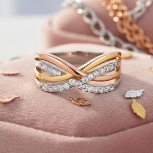 925 Sterling Silver Tricolor Infinity Ring Size 7 18K Gold Plated Pave Zirconia
